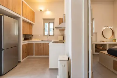 a kitchen with wooden cabinets and a stainless steel refrigerator at Lemontrees Residences in Rhodes Town