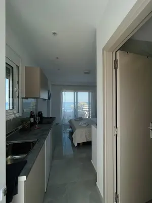 a kitchen with a sink and a room with a bed at Chrisanthi Apartments in Archangelos