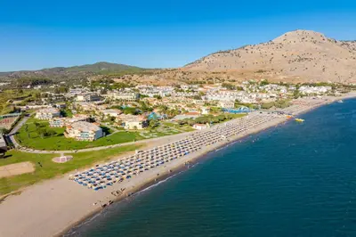 an aerial view of a beach with a town at Villa Livis 1 in Kiotari