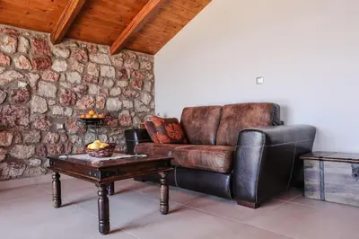 a leather couch in a living room with a table at Petronas Land House 2 in Archangelos