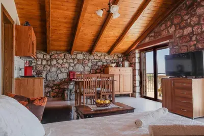 a living room with a stone wall at Petronas Land House 2 in Archangelos