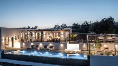 a house with a swimming pool in front of it at CasaCarma IV, private XL Pool, Boho-Design in Lachania