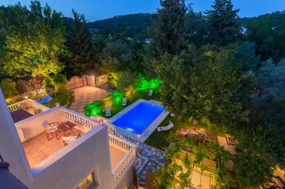 an aerial view of a house with a swimming pool at Villa Small Paradise private pool, jacuzzi, BBQ, complete privacy in Ialyssos