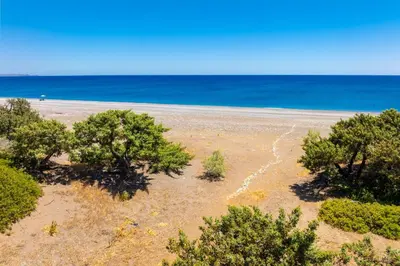 a beach with trees and the ocean in the background at Villa Pelagos Blue in Yennadhion