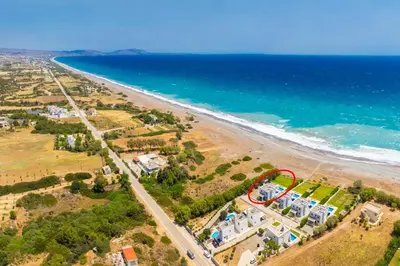 an aerial view of a house next to the beach at Villa Lahania in Lachania