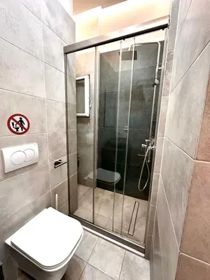 a bathroom with a toilet and a glass shower at Seaside Deluxe Apartment in Ialyssos