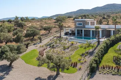 an aerial view of a house with a pool and trees at Sunset Hill Villa Rhodes in Gennadi