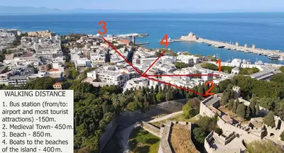 an aerial view of a city with a harbor at Mandraki City Center Apartments in Rhodes Town