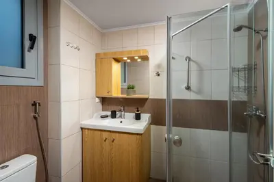 a bathroom with a sink and a shower at Stegnale Studios in Archangelos