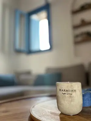 a coffee cup with the word harphony on it at Casa Stergia - Village Project in Psinthos