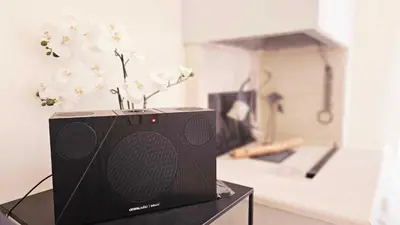 a speaker sitting on top of a table with a flower at Villa Libre Mare, your cozy vacation villa in Pefki Rhodes