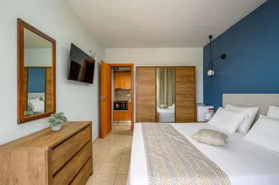 a bedroom with a large bed and a mirror at Elli Beach Downtown Apartments in Rhodes Town