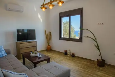 a living room with a couch and a tv at Blue Bay Villas , First Floor in Archangelos