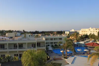 an aerial view of a resort with a swimming pool at Romantza Mare in Kallithea Rhodes