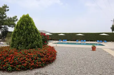 a garden with a bush and flowers next to a swimming pool at Grande View Haraki in Haraki