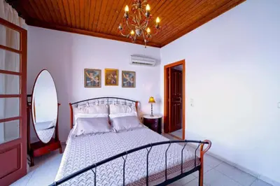 a bedroom with a bed and a chandelier at Waterfront Family Villa in Halki
