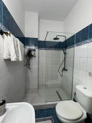 a bathroom with a shower and a toilet and a sink at The Sunlit Retreat in Kremasti