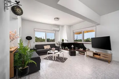 a living room with a couch and a tv at Sunset villa Theologos in Theologos