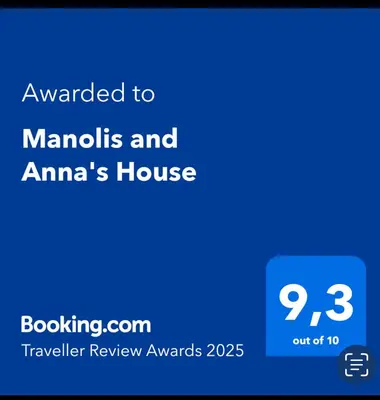 a blue sign with the text awarded to marolis and amanas house at Manolis and Anna's House in Malona Village
