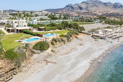 an aerial view of a beach with a resort at Paradise Beach I in Kiotari