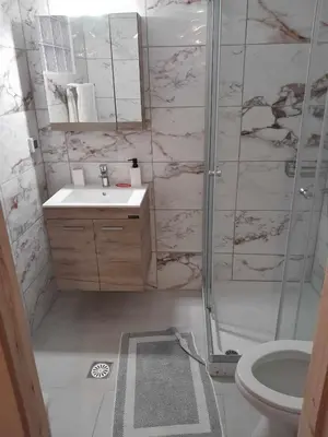 a bathroom with a shower and a sink and a toilet at 