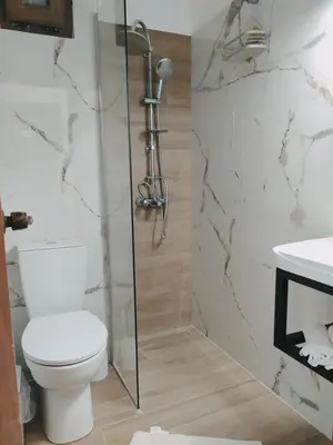 a bathroom with a toilet and a shower at Hotel Narkissos in Archangelos