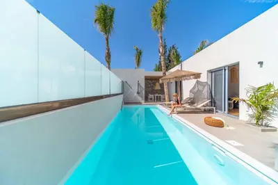 a swimming pool in the backyard of a house with palm trees at Villa Margarita Gennadi in Gennadi