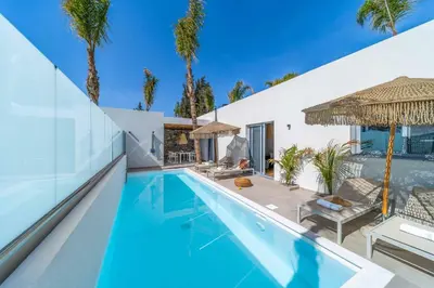 a swimming pool in front of a house with palm trees at Villa Margarita Gennadi in Gennadi