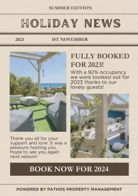 a collage of pictures of a holiday resort with a flyer at Sylvia's Beach House in Stegna in Archangelos