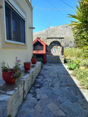 a stone walkway in front of a house with plants at Maria's garden house in Archangelos