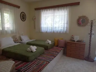 a bedroom with two beds and a dresser at Maria's garden house in Archangelos