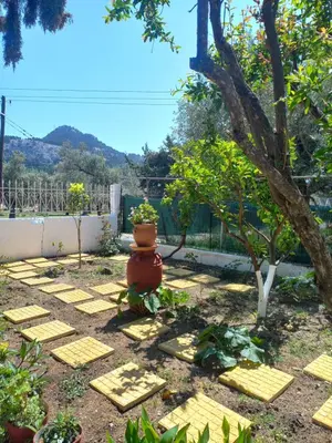 a garden with a flower pot on a pathway at Maria's garden house in Archangelos