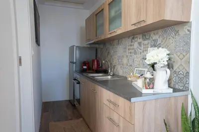 a small kitchen with a sink and a refrigerator at 