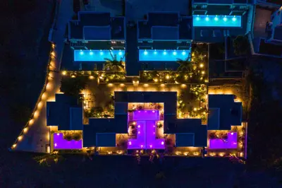 an aerial view of a building with lights at Villa Iviskus in Gennadi