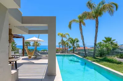 a villa with a swimming pool and palm trees at Villa Helios in Kiotari