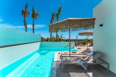 a villa with a swimming pool with palm trees at Villa Paparouna in Gennadi