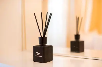two black vases with sticks in them on a table at Louis House in Rhodes Town