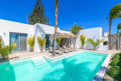 a swimming pool in front of a house with palm trees at Villa Elia Gennadi in Gennadi