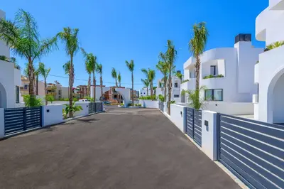 a driveway in front of a building with palm trees at Villa Filia in Ialyssos