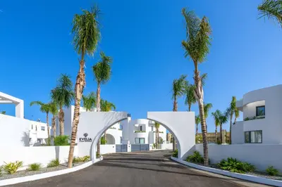 a driveway with palm trees in front of a building at Villa Evelia in Ialyssos