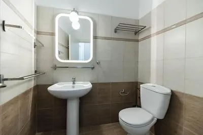 a bathroom with a toilet and a sink and a mirror at Archangelos SKY Garden Apartment in Archangelos