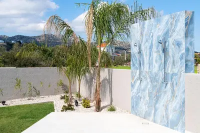 a palm tree in front of a white wall at Golf Beach Villa in Afantou