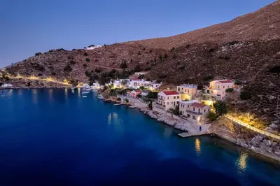 an aerial view of a village on a river at Nimporio View Villa in Symi
