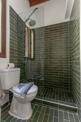 a green tiled bathroom with a toilet and a shower at Mascot Memories in Rhodes Town