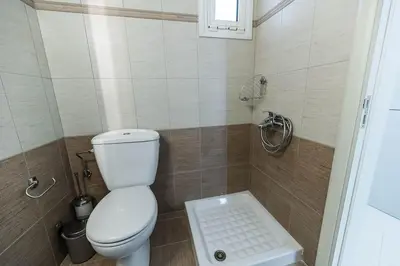 a small bathroom with a toilet and a shower at Archangelos SKY Junior Apartment in Archangelos