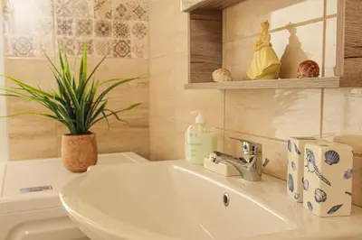 a bathroom with a sink and a potted plant at Aneza in Kremasti