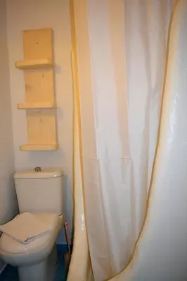 a bathroom with a toilet and a shower curtain at Hotel Irini in Livadia