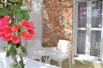 a vase with red flowers on a table next to a window at Hotel Irini in Livadia
