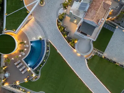 an overhead view of a building with a swimming pool at Rhode Luxury Villa in Kalithies