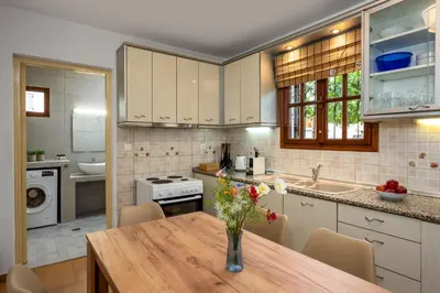 a kitchen with a table with a vase of flowers on it at Lemon Tree Symi in Symi
